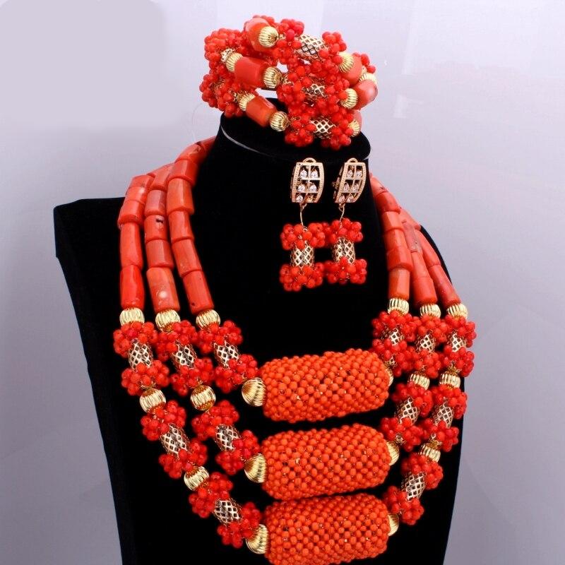 Red Coral Nigerian African Bride Wedding Beads Jewelry Set Plated Gold Jewellery set 4 Layers Necklace Bracelet earring jewelry