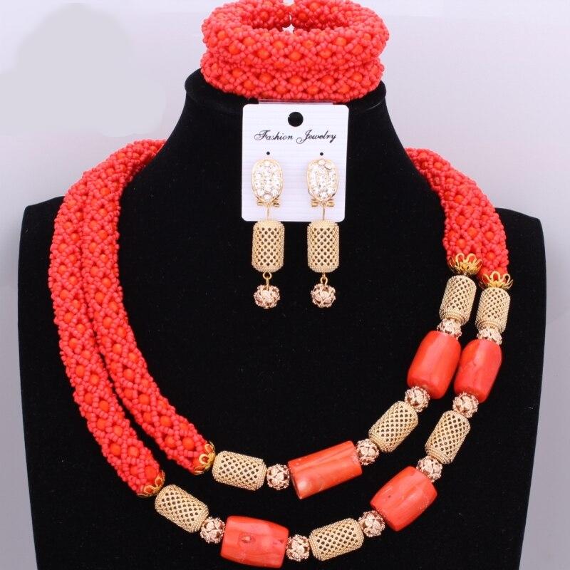 Red Coral Nigerian African Bride Wedding Beads Jewelry Set Plated Gold Jewellery set 4 Layers Necklace Bracelet earring jewelry