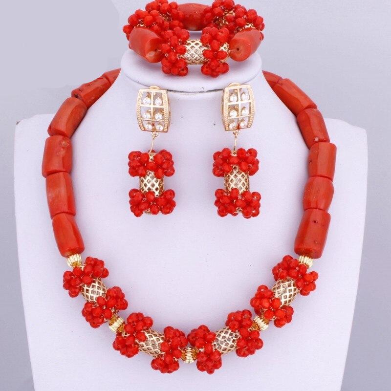 Red Coral Nigerian African Bride Wedding Beads Jewelry Set Plated Gold Jewellery set 4 Layers Necklace Bracelet earring jewelry