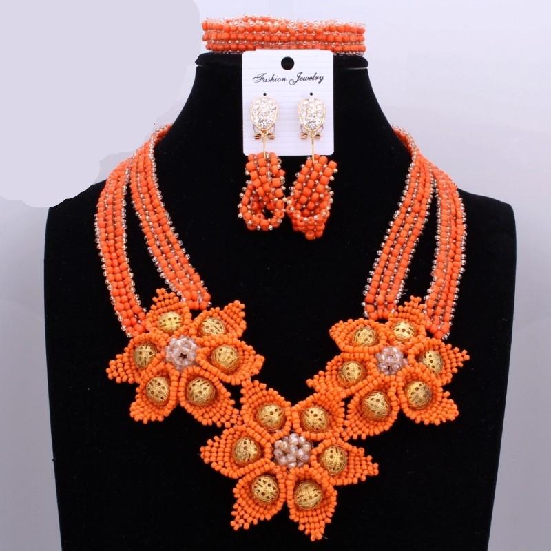 Red Coral Nigerian African Bride Wedding Beads Jewelry Set Plated Gold Jewellery set 4 Layers Necklace Bracelet earring jewelry