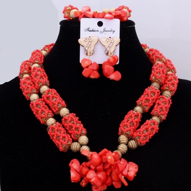 Red Coral Nigerian African Bride Wedding Beads Jewelry Set Plated Gold Jewellery set 4 Layers Necklace Bracelet earring jewelry