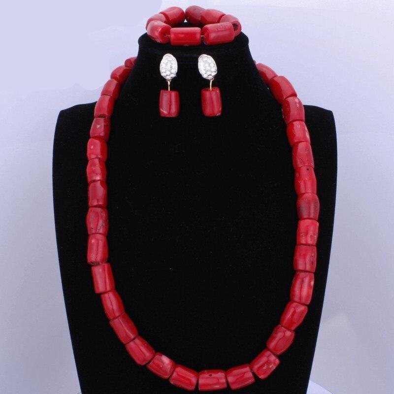 Red Coral Nigerian African Bride Wedding Beads Jewelry Set Plated Gold Jewellery set 4 Layers Necklace Bracelet earring jewelry