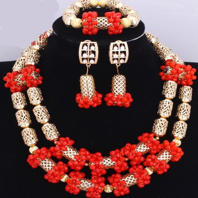 Red Coral Nigerian African Bride Wedding Beads Jewelry Set Plated Gold Jewellery set 4 Layers Necklace Bracelet earring jewelry