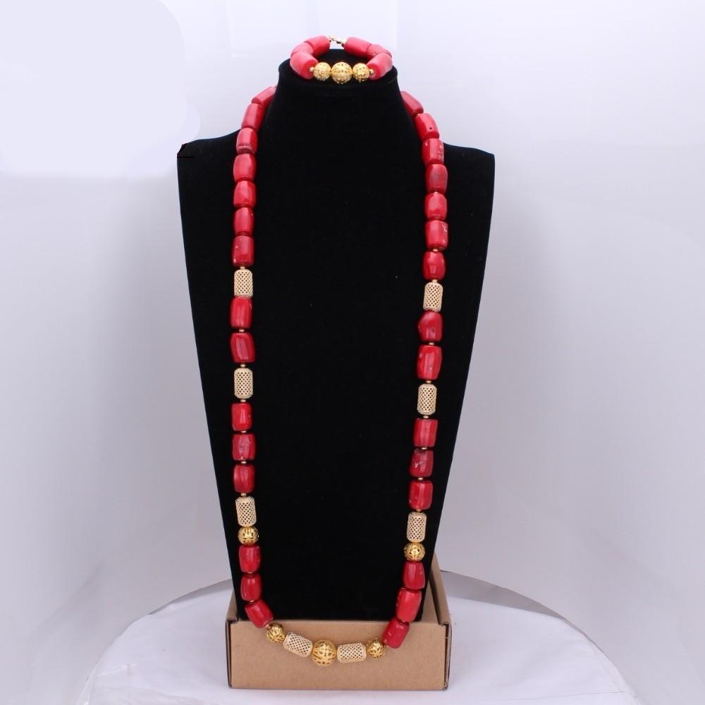 Red Coral Nigerian African Bride Wedding Beads Jewelry Set Plated Gold Jewellery set 4 Layers Necklace Bracelet earring jewelry