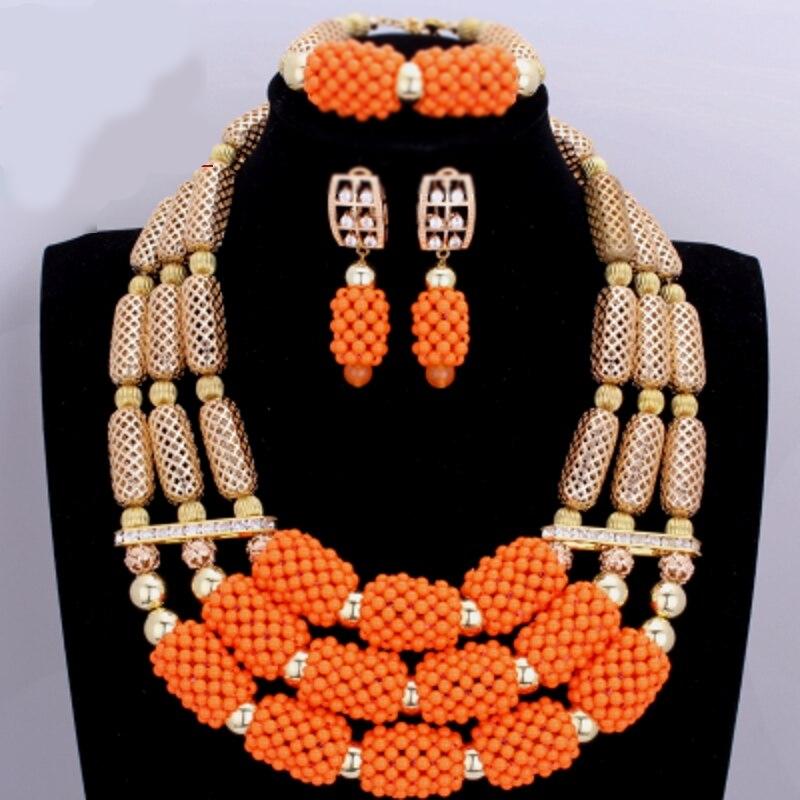 Red Coral Nigerian African Bride Wedding Beads Jewelry Set Plated Gold Jewellery set 4 Layers Necklace Bracelet earring jewelry