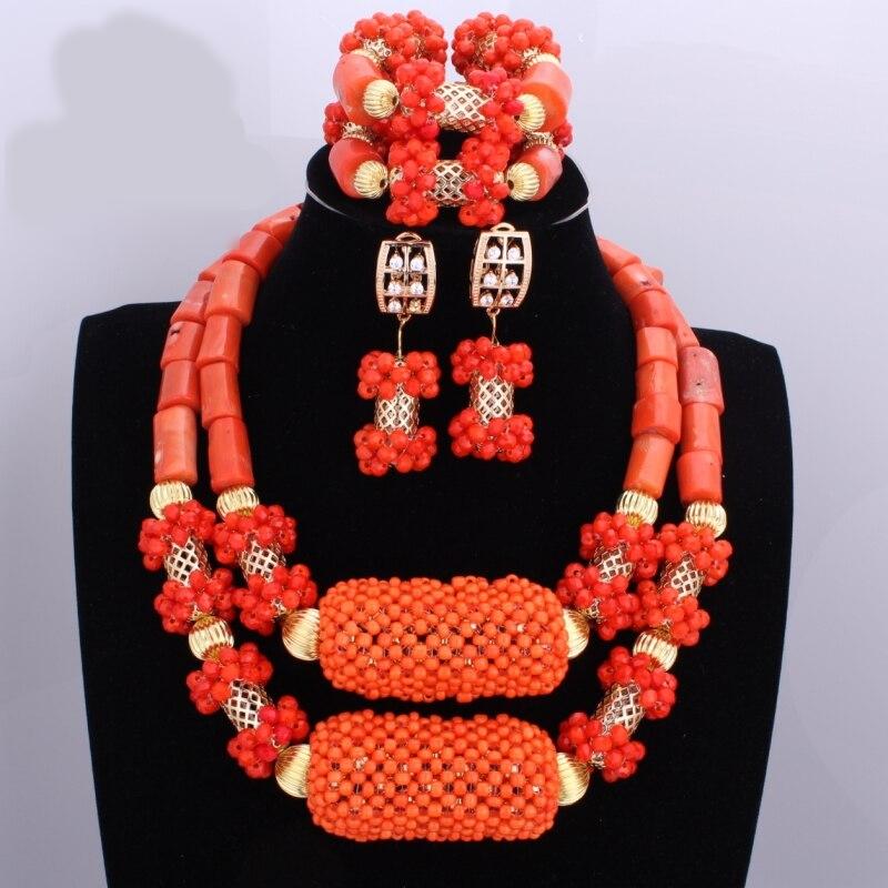 Red Coral Nigerian African Bride Wedding Beads Jewelry Set Plated Gold Jewellery set 4 Layers Necklace Bracelet earring jewelry