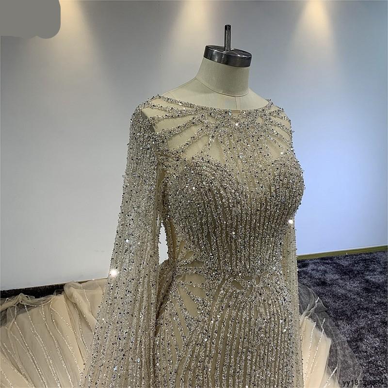 Surmount Luxury Beading Dresses with Long Flare Sleeves Crystals Scalloped Neck Mermaid Skirt with Royal Train Wedding Dresses