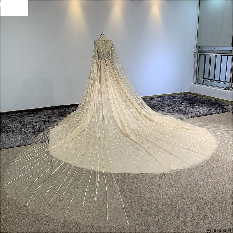 Surmount Luxury Beading Dresses with Long Flare Sleeves Crystals Scalloped Neck Mermaid Skirt with Royal Train Wedding Dresses