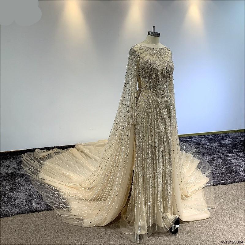 Surmount Luxury Beading Dresses with Long Flare Sleeves Crystals Scalloped Neck Mermaid Skirt with Royal Train Wedding Dresses