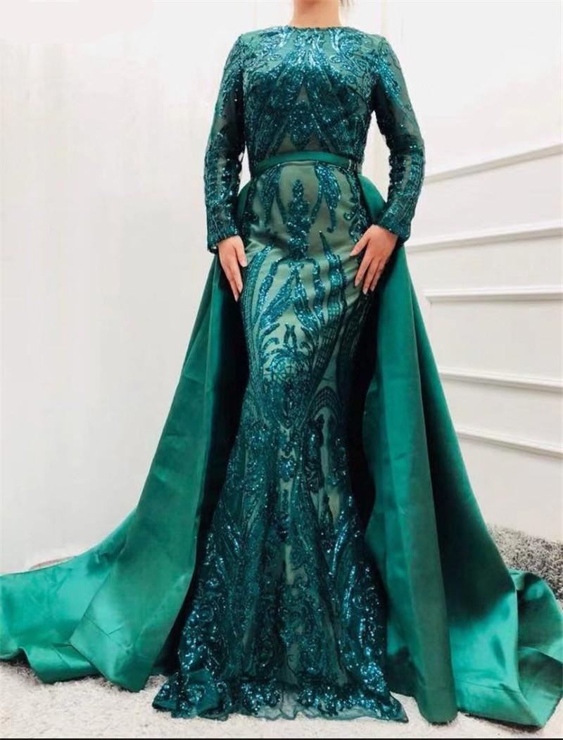 Green Long Sleeves Luxury Mermaid Evening Dresses Appliques Sequined Fashion With Train Formal Dress 2020 Serene Hill LA6613