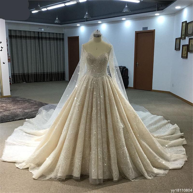 YYbride New Desgin Luxury beads Crystals Wedding Gown Sweetheart Off the Shoulder Princess Cathedral/Royal Train Wedding Dresses