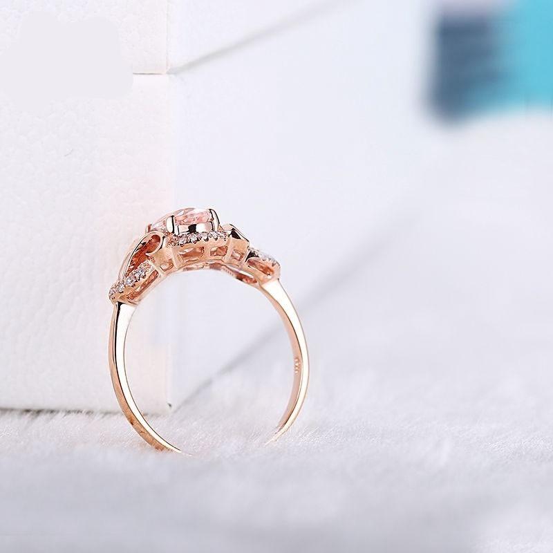 HELON Gemstone Oval 7X5mm Morganite Natural Diamond Jewelry Fine Ring Solid 10K Rose Gold Halo Unique Fine Diamond Gemstone Ring