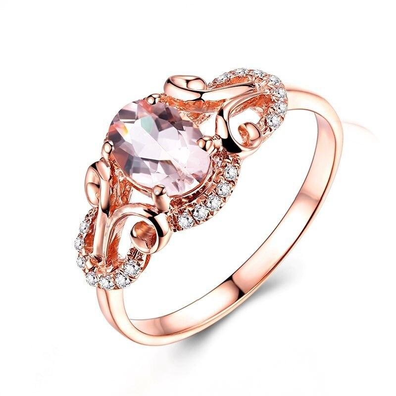 HELON Gemstone Oval 7X5mm Morganite Natural Diamond Jewelry Fine Ring Solid 10K Rose Gold Halo Unique Fine Diamond Gemstone Ring