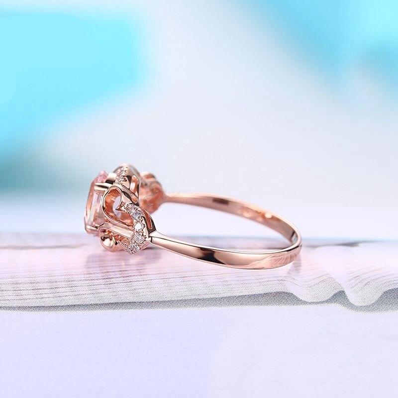 HELON Gemstone Oval 7X5mm Morganite Natural Diamond Jewelry Fine Ring Solid 10K Rose Gold Halo Unique Fine Diamond Gemstone Ring